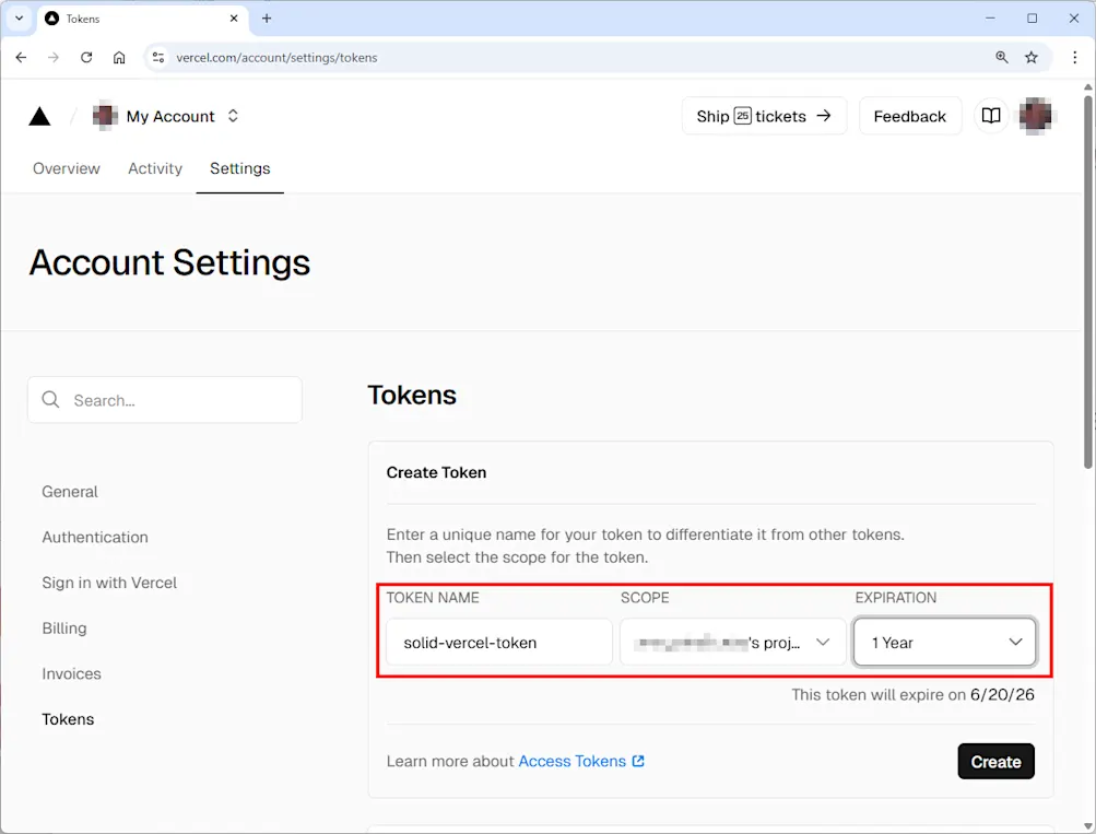 Create Vercel token