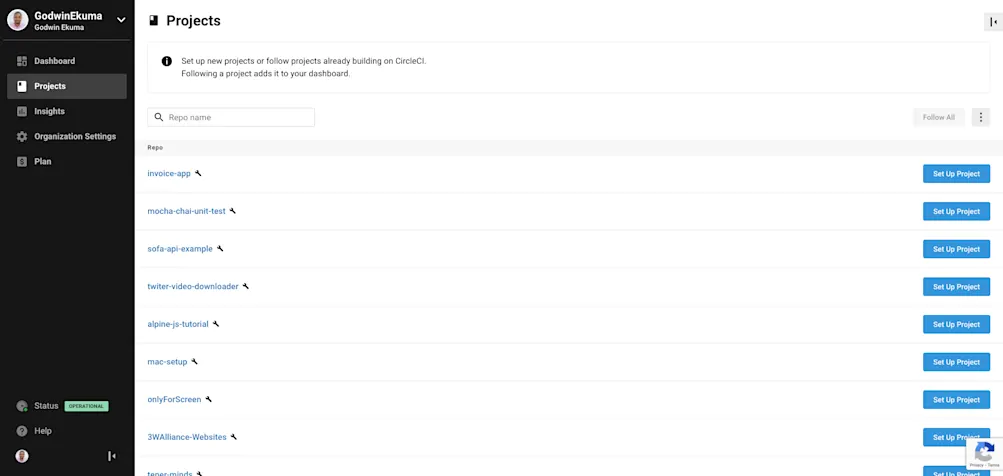 CircleCI project dashboard