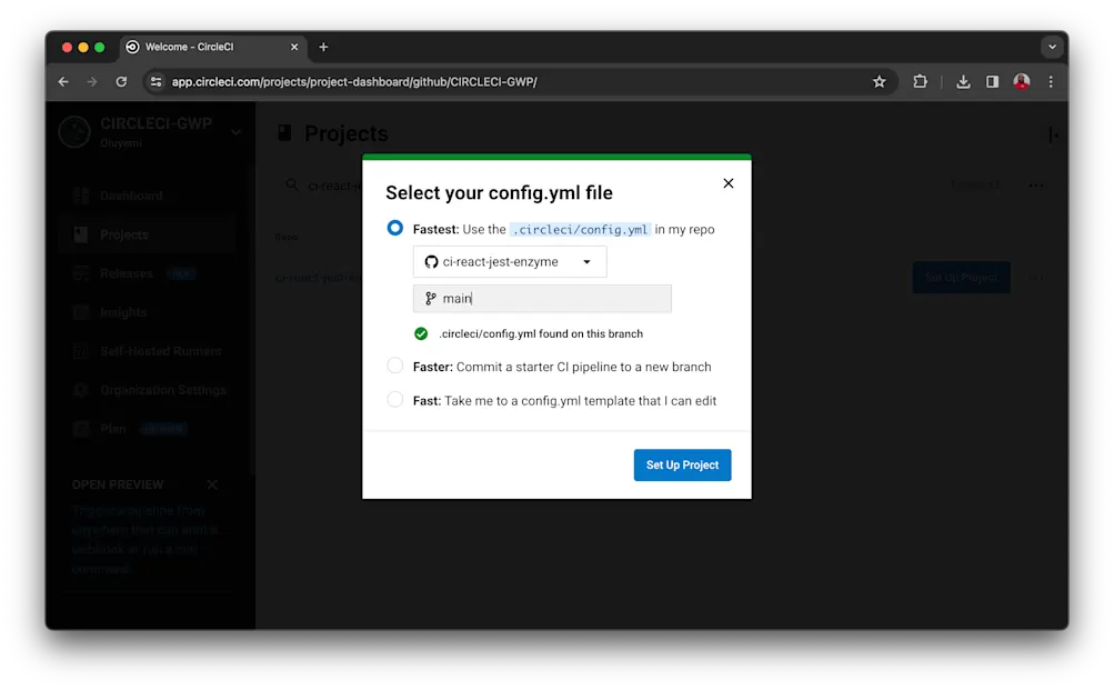 Select config branch CircleCI