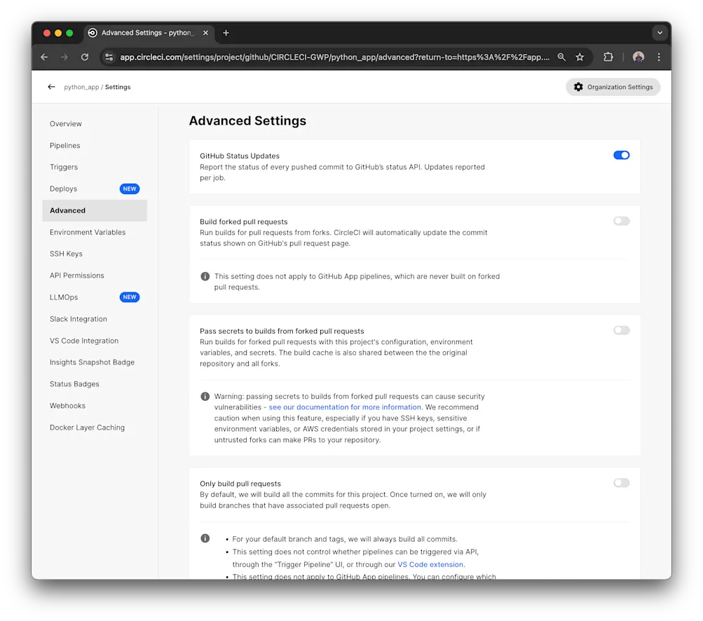 Advance settings page