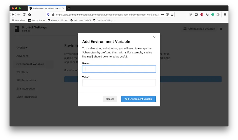 Add Environment variable - CircleCI