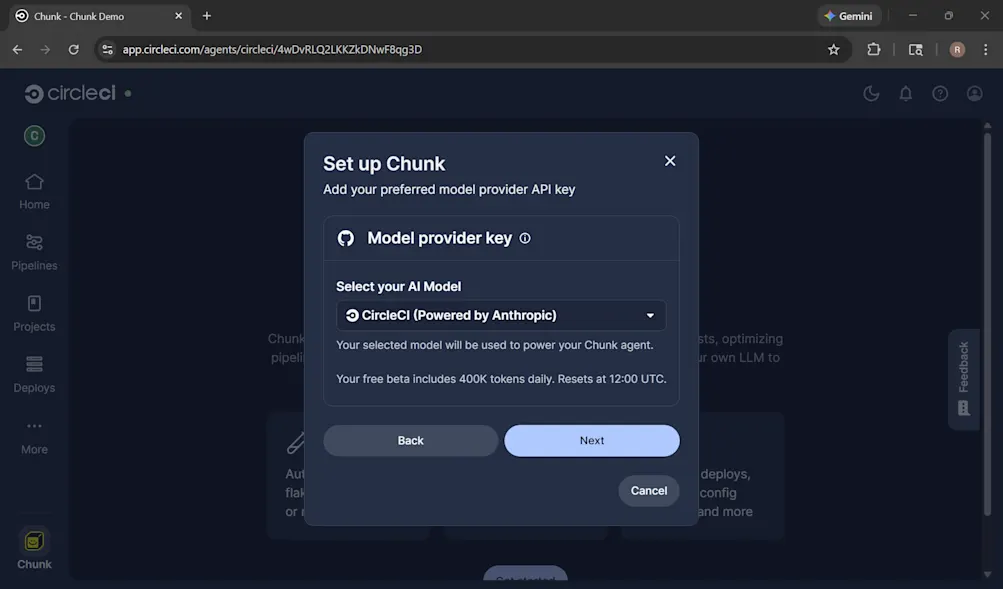 Use CircleCI-s model key to set up Chunk agent