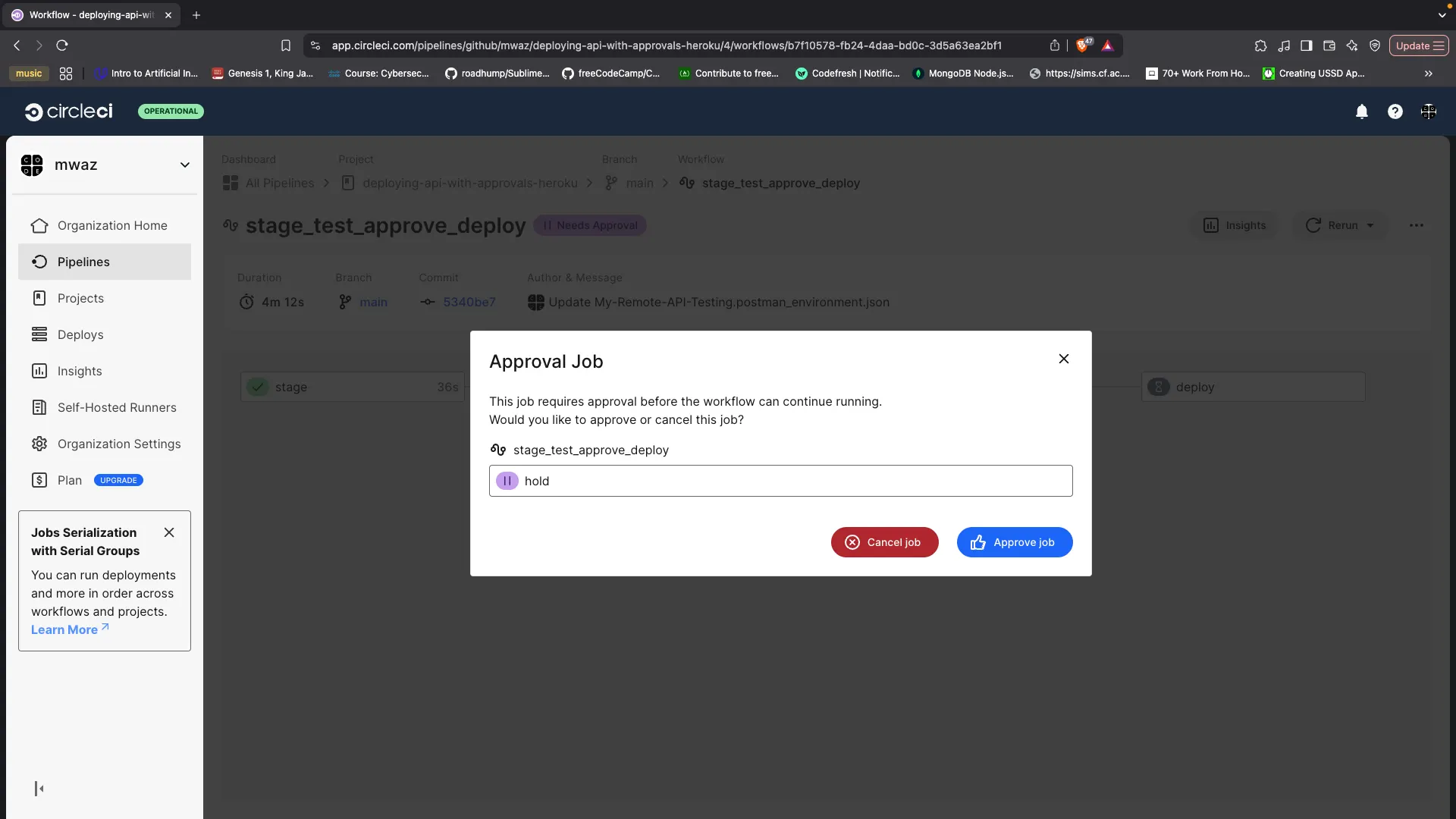 Approval dialog - CircleCI