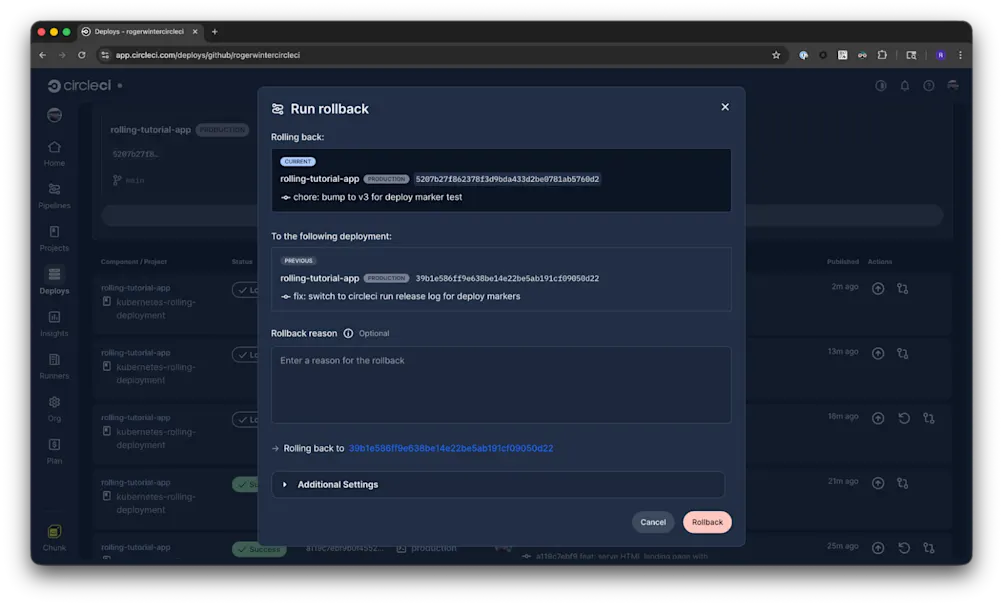 CircleCI Deploys dashboard with Rollback button
    for the rolling-tutorial-app component