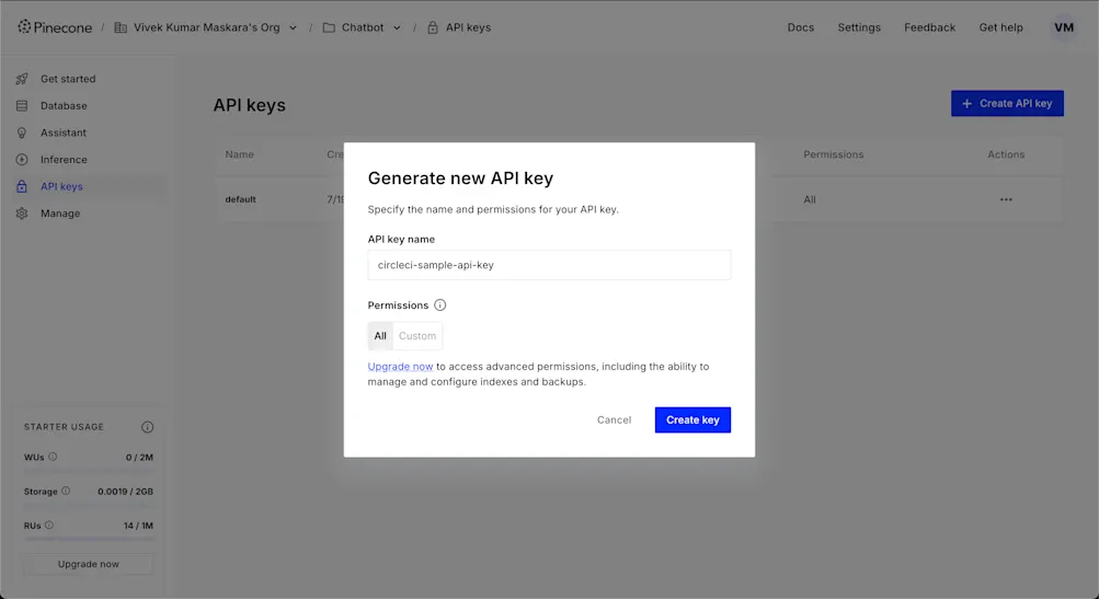 Create a new Pinecone API key