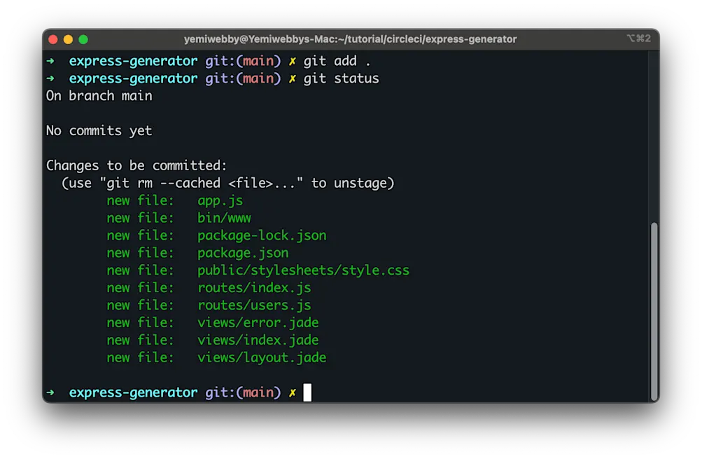 Git init and git status output for staged files