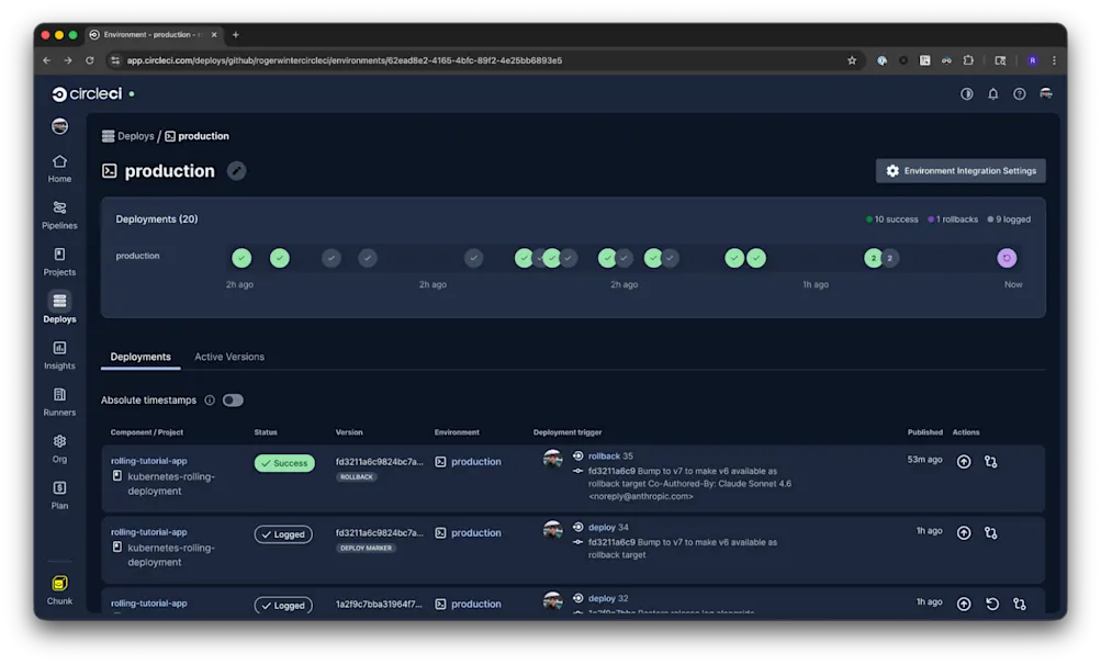 CircleCI Deploys dashboard showing rolling-tutorial-app deployment timeline in production