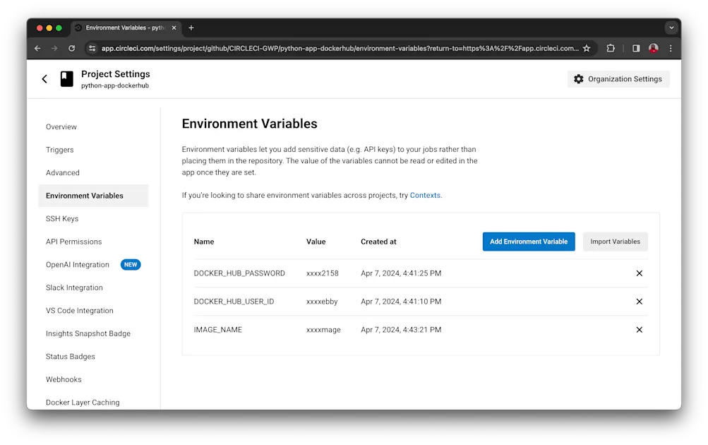 Docker Hub configuration variables