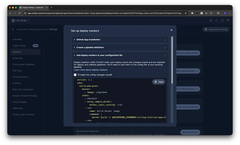 CircleCI Deploys setup wizard with GitHub App integration and environment creation steps