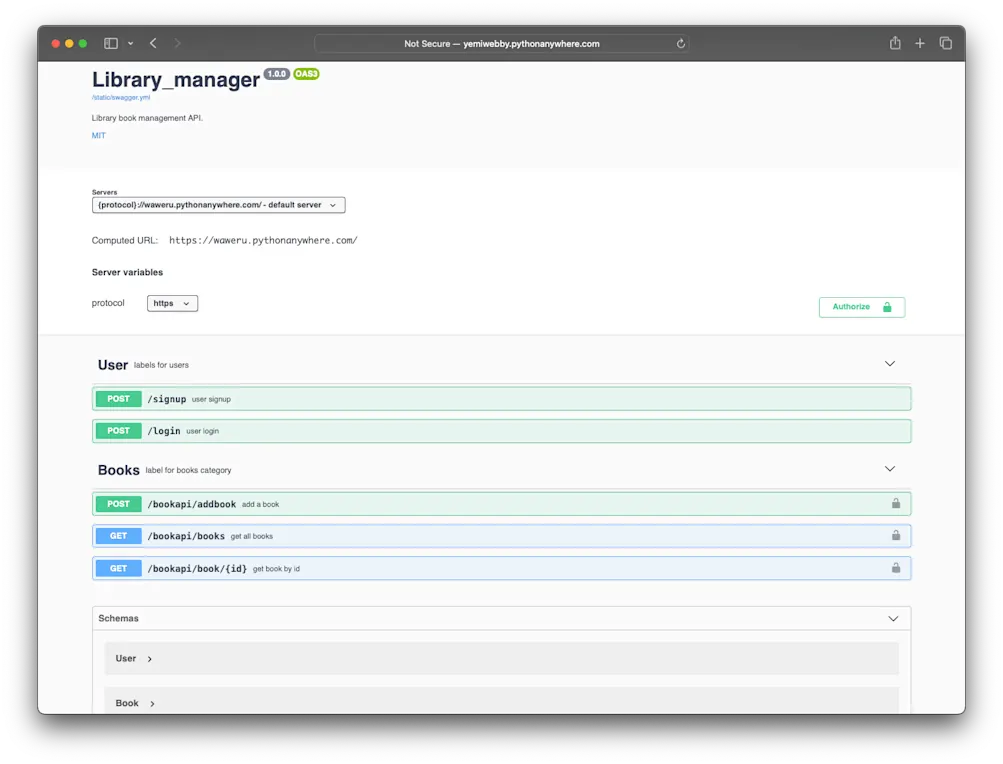  Swagger page PythonAnywhere 