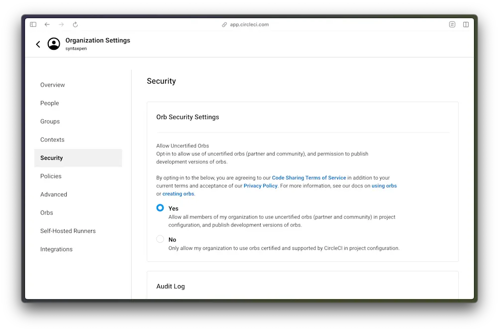 Security settings - CircleCI