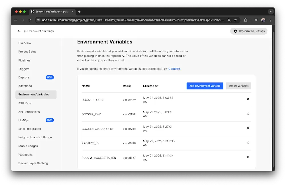 CircleCI environment variables