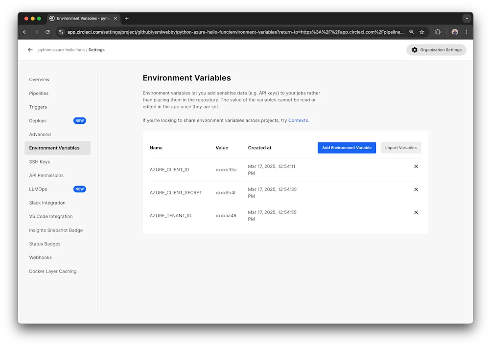 CircleCI environment variables