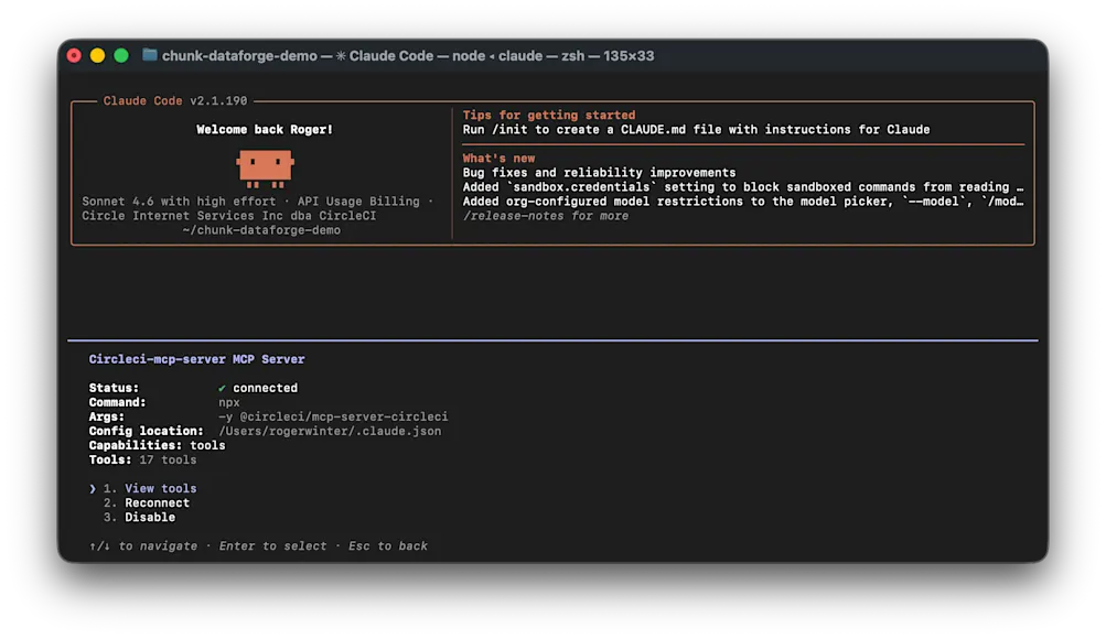 Confirming CircleCI MCP server is connected in Claude Code