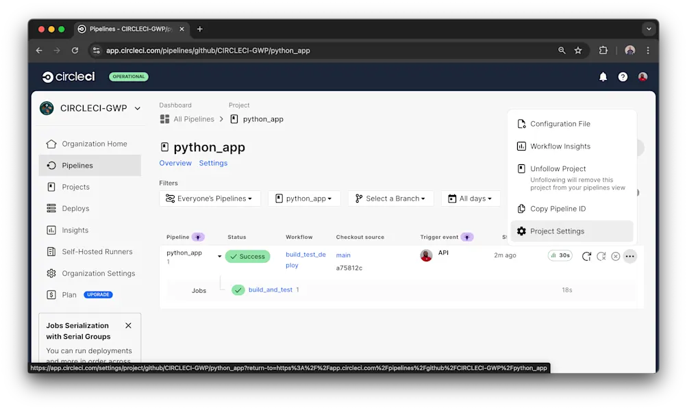 Project settings button