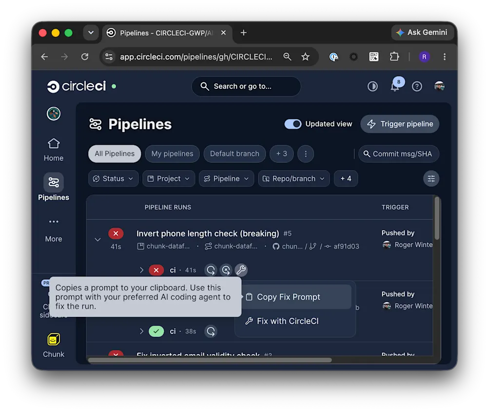 Using Copy Fix Prompt on a failed pipeline in the CircleCI web app