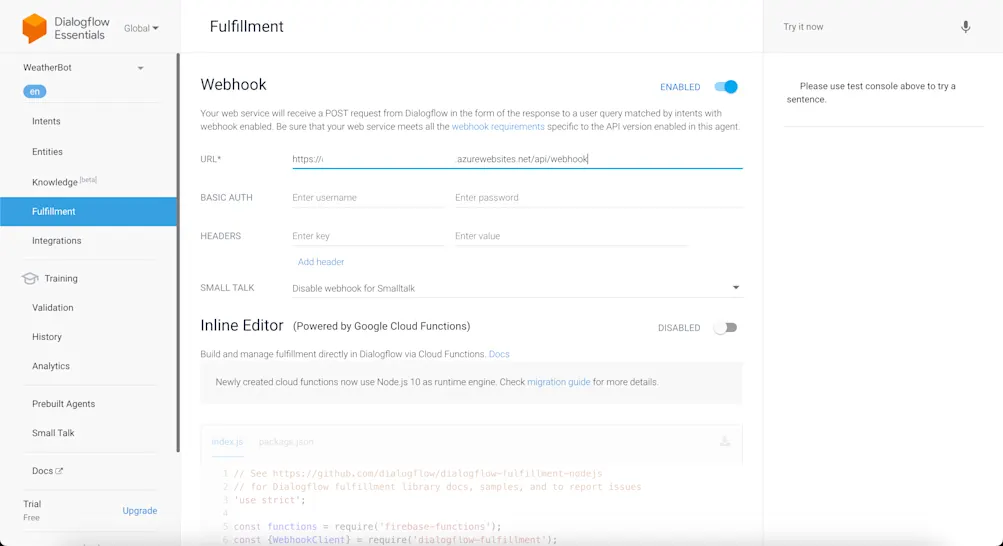 Dialogflow's agent webhook URL