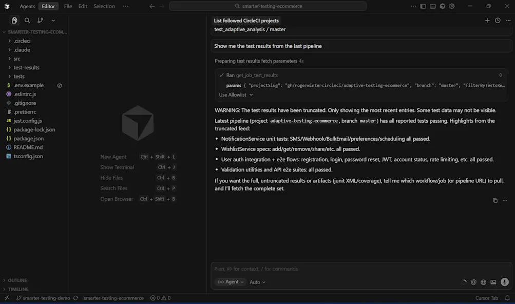 Cursor using CircleCI MCP server to check latest pipeline test results