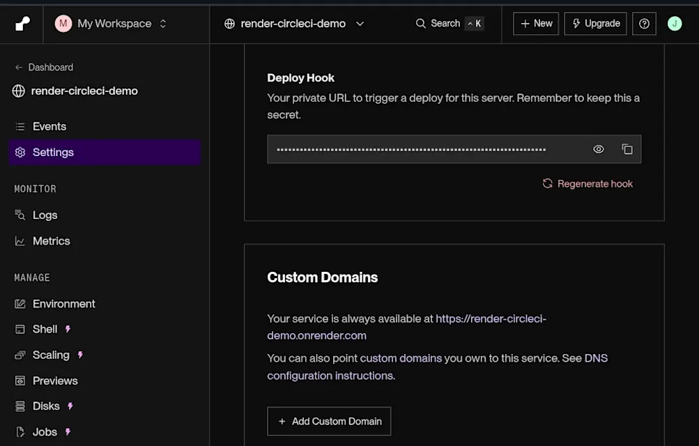 Render deploy hook settings page with generated webhook URL