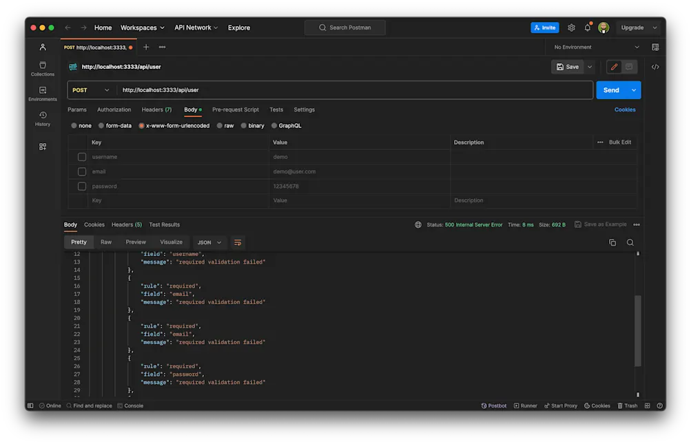 User Creation - Validation failed
