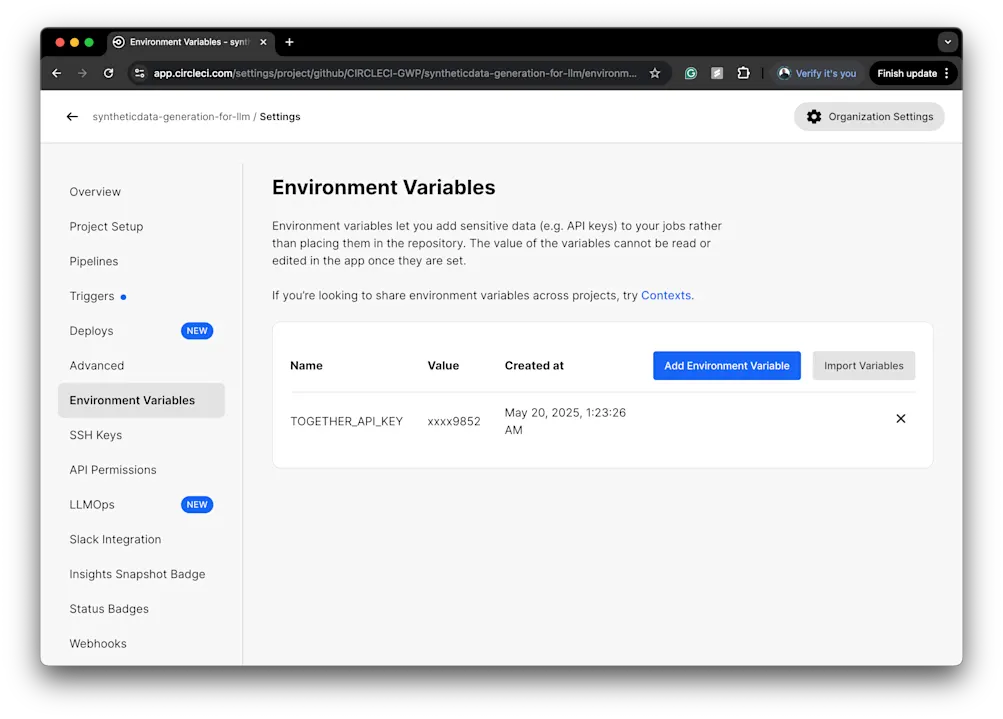 CircleCI project environment variables