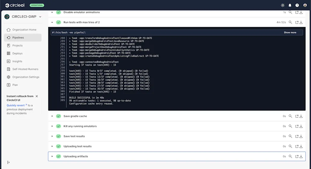 Successful build details on CircleCI