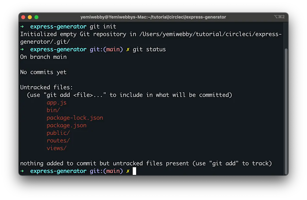 Git init and git status output