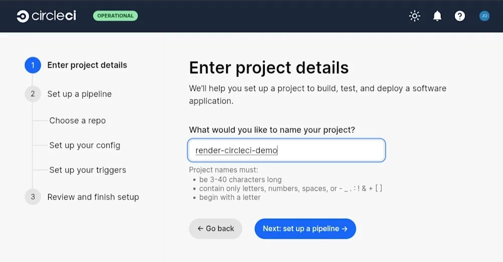 Naming the CircleCI project during setup