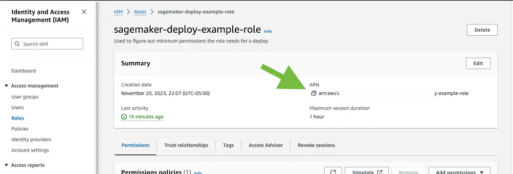 Arrow pointing to copy button for ARN