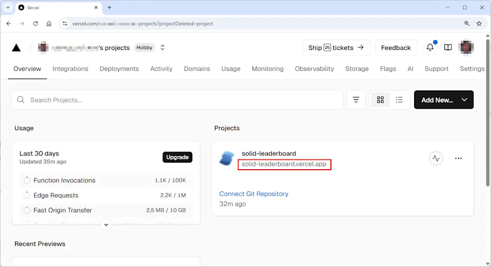 Vercel project dashboard