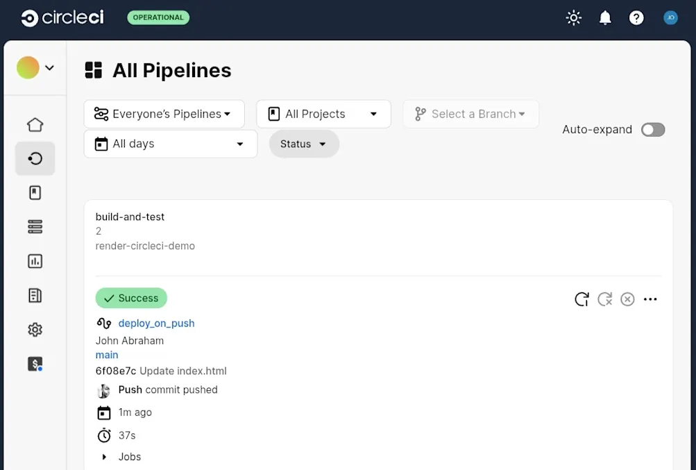 Screenshot showing successful CircleCI build indicated by a green checkmark