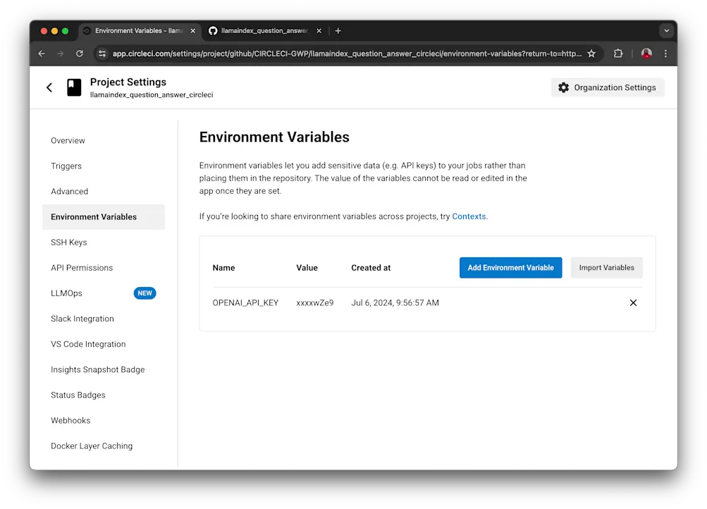 Circle CI set up environment variables