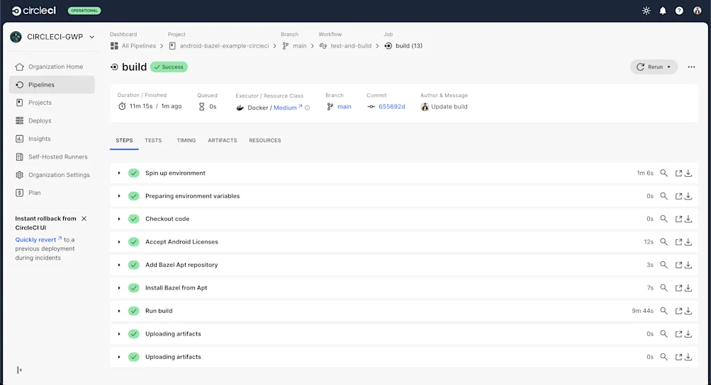 Successful build details on CircleCI