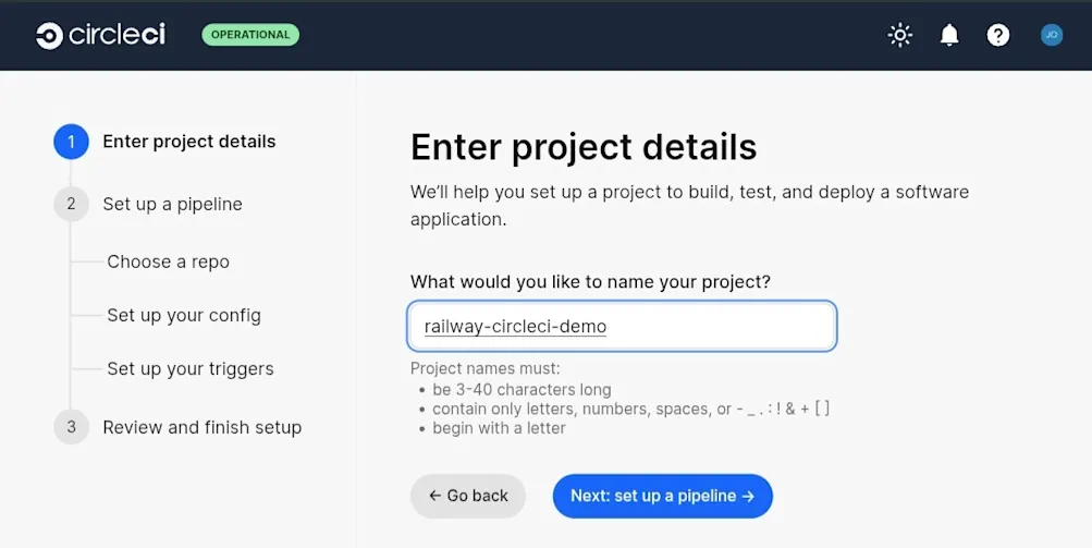 CircleCI project name page