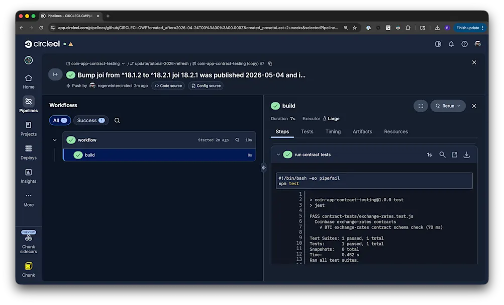Successful CircleCI pipeline building green after Joi contract testing