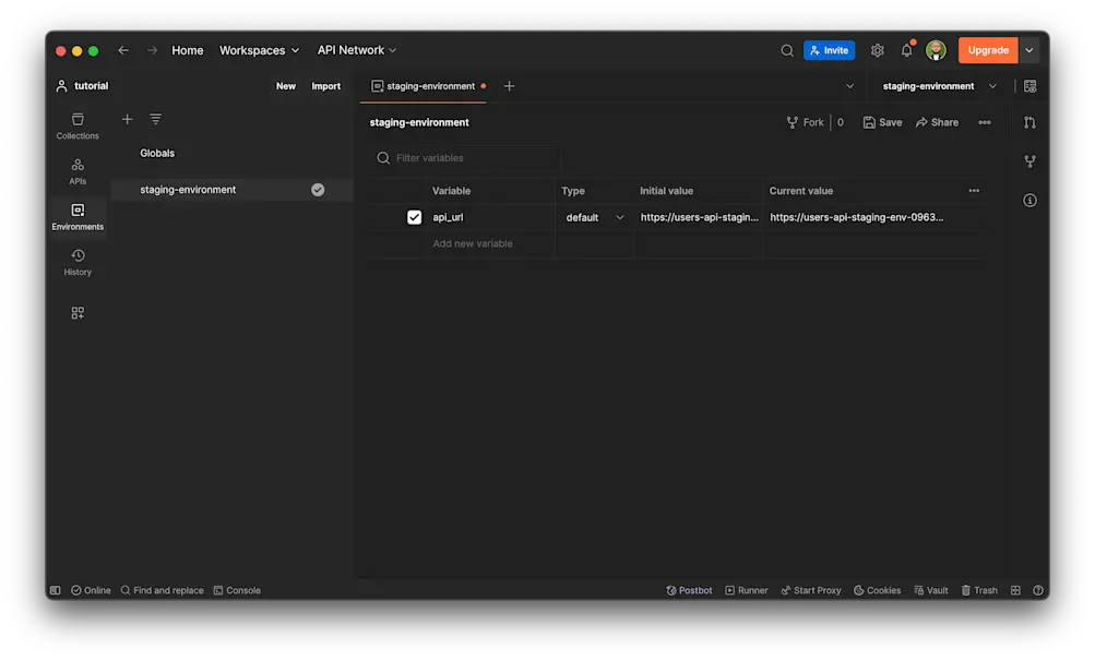 Created Postman Environment
