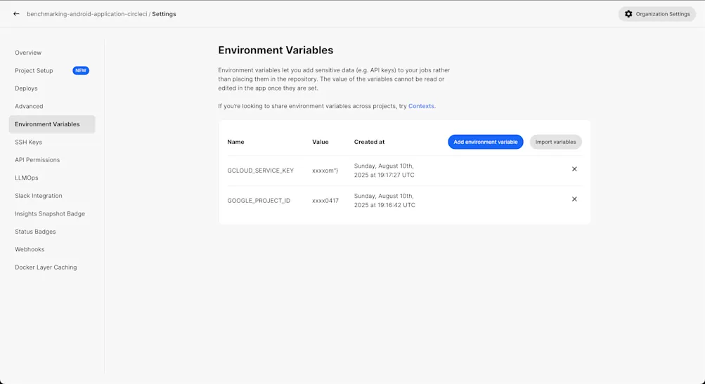 Set environment variables on CircleCI