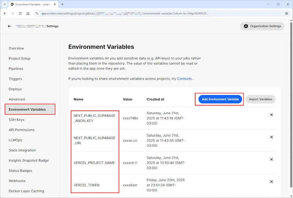 CircleCI project environment variables