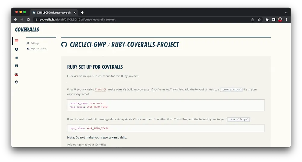 Coveralls repo token start page