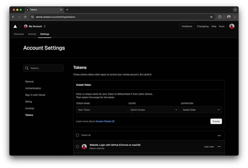 Vercel account settings