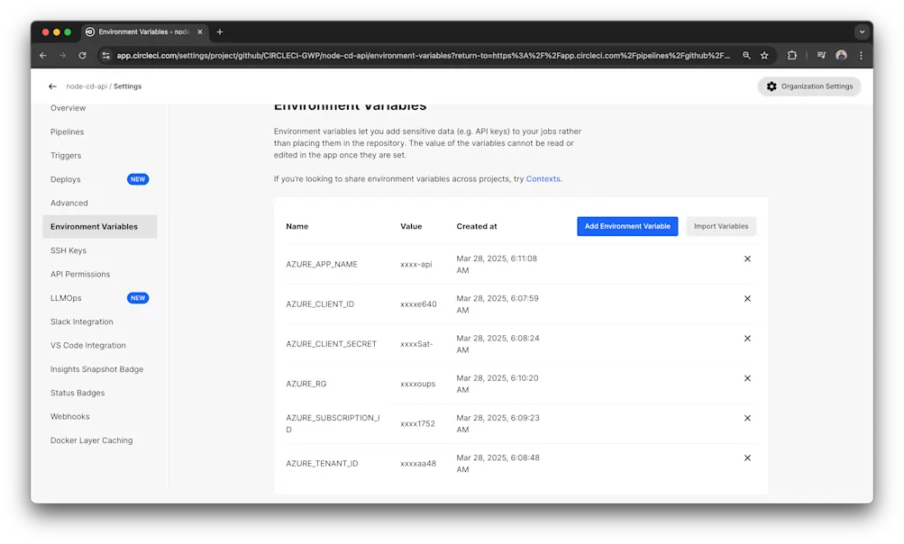 CircleCI environment variables