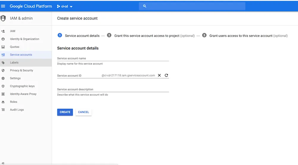 Creation of service account