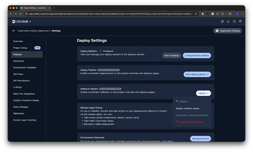 CircleCI Project Settings Deploys tab with
    Rollback Pipeline dropdown