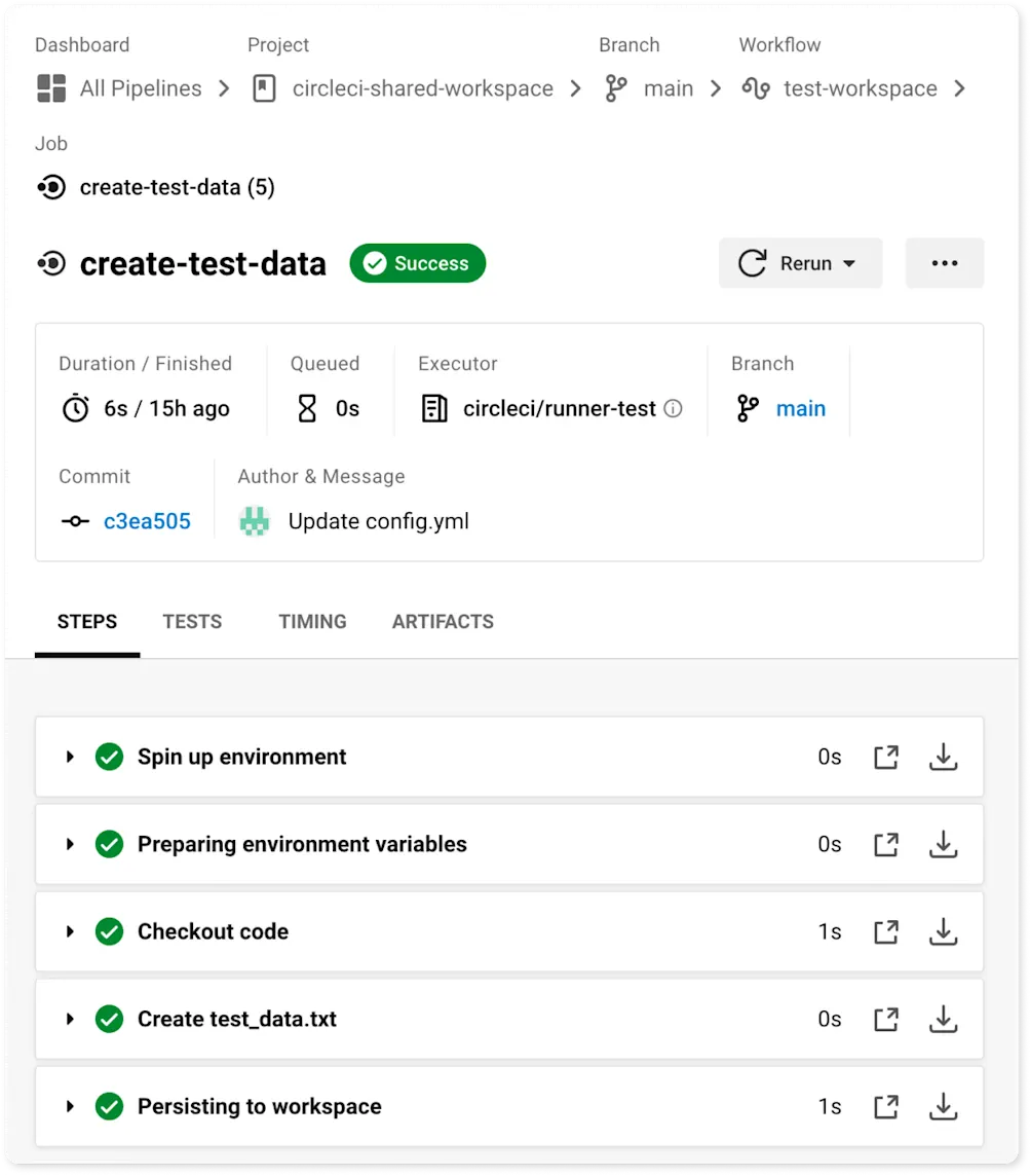 A screenshot of a successful run of the check-test-data job in the CircleCI web console