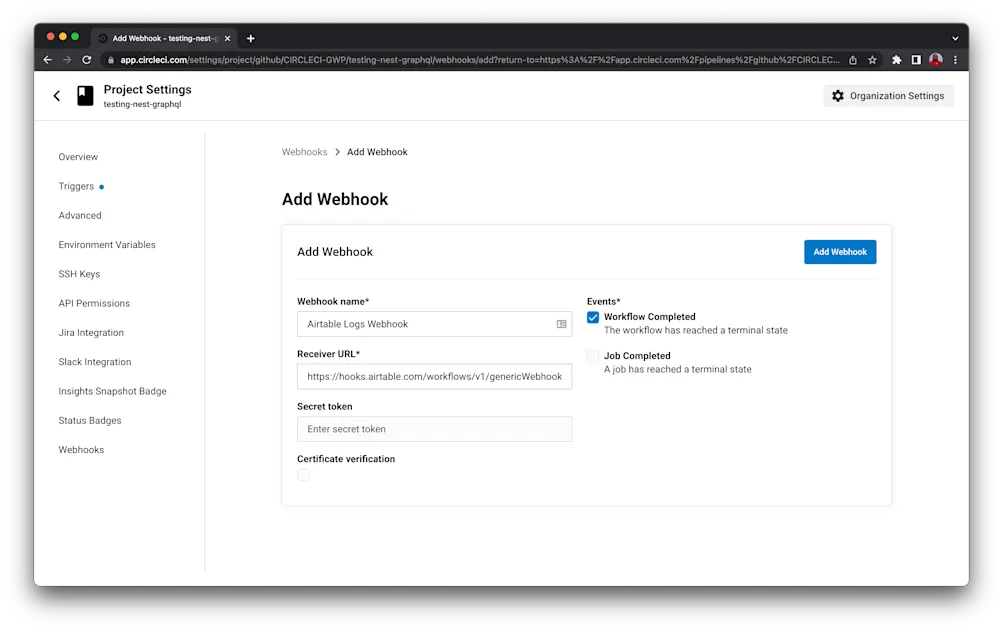 Create Webhook - CircleCI