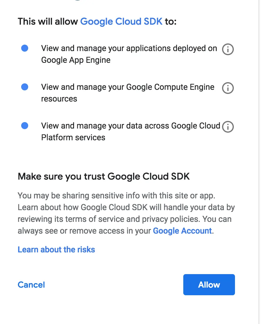 Granting Google Cloud SDK permission