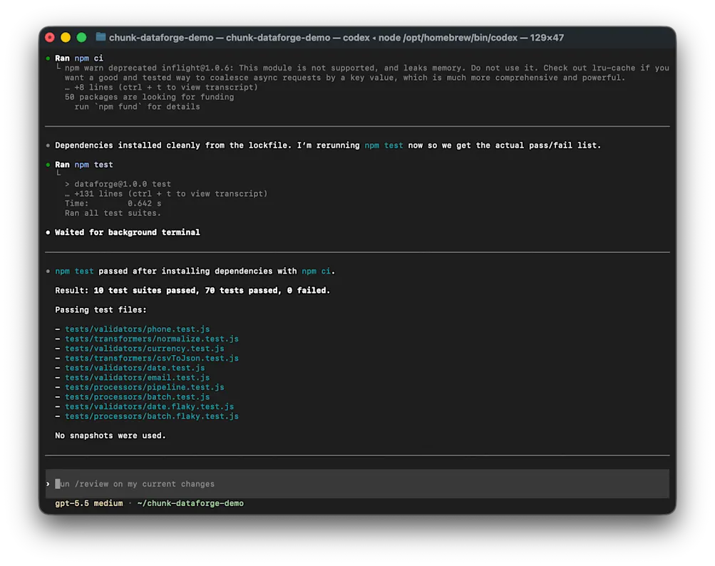Running a Jest test suite with the Codex CLI