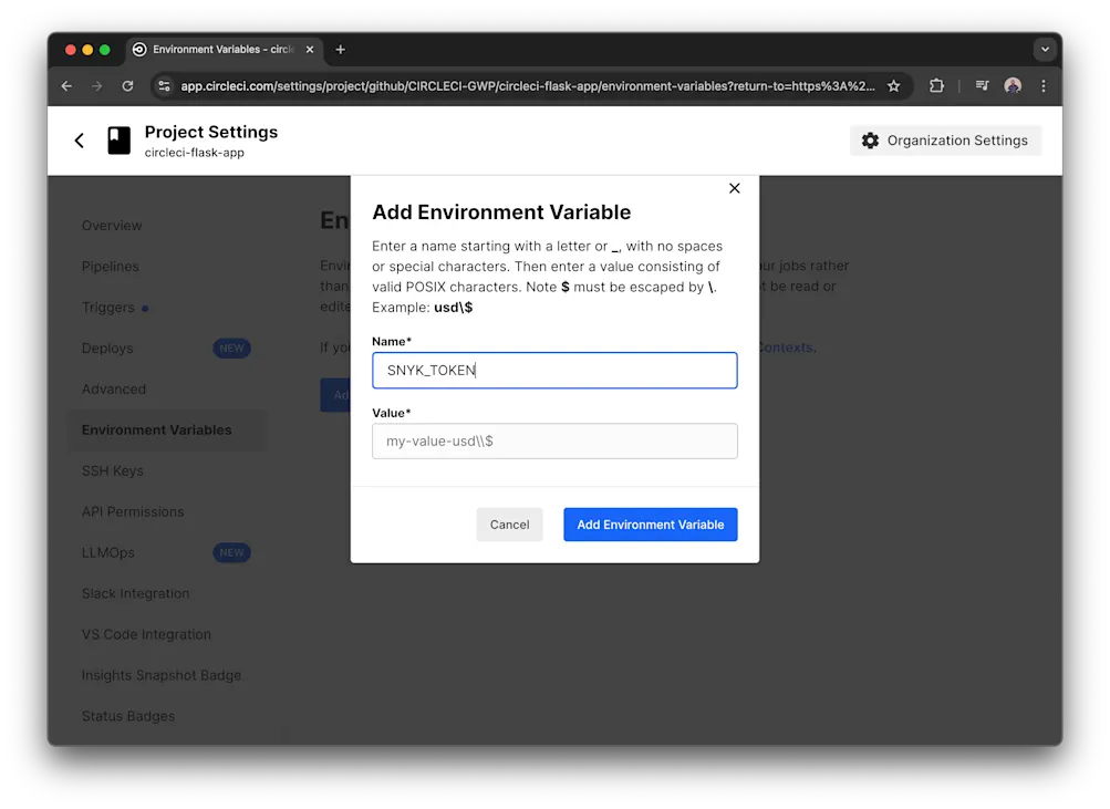 Adding Snyk API token