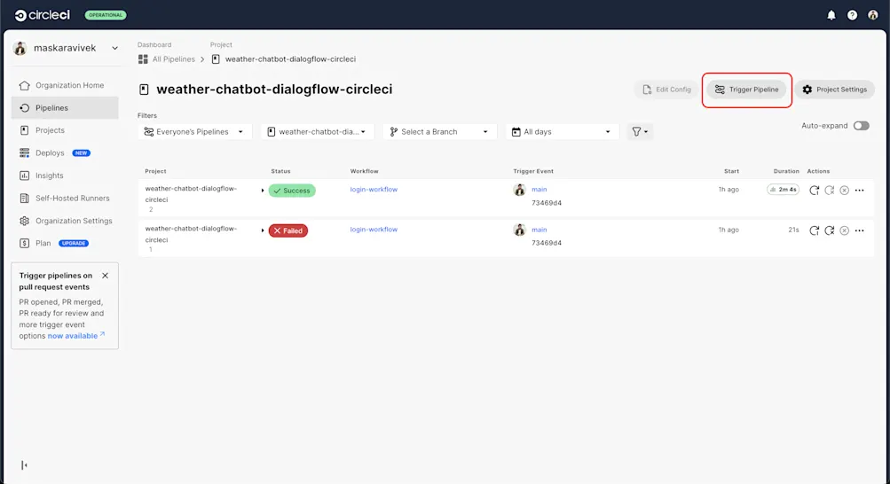 CircleCI Trigger Pipeline button