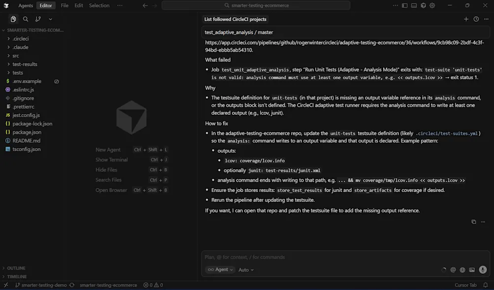 Cursor using CircleCI MCP Server to diagnose latest build failures